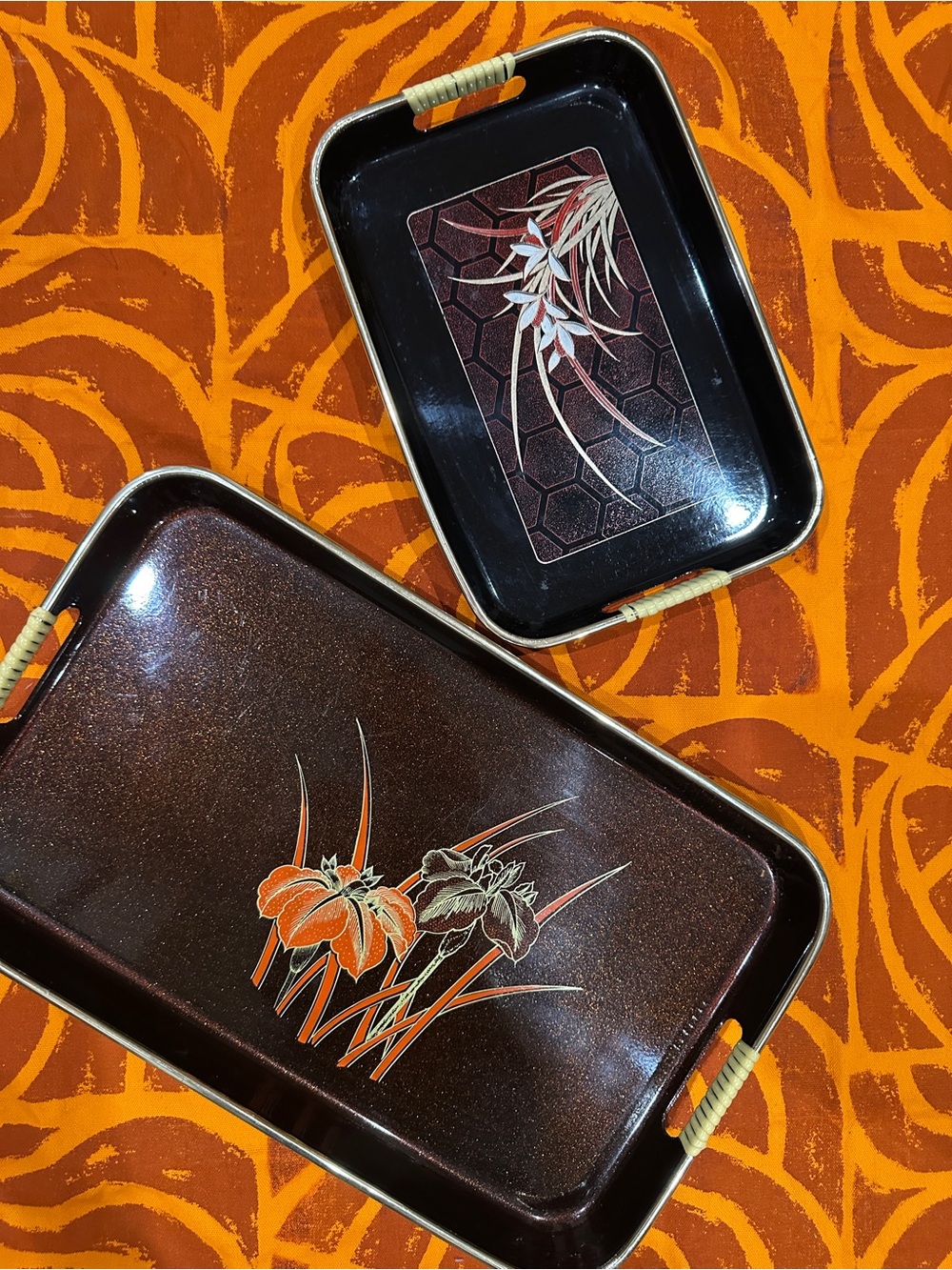 Vintage Floral Metal Serving Trays - Brown & Orange
